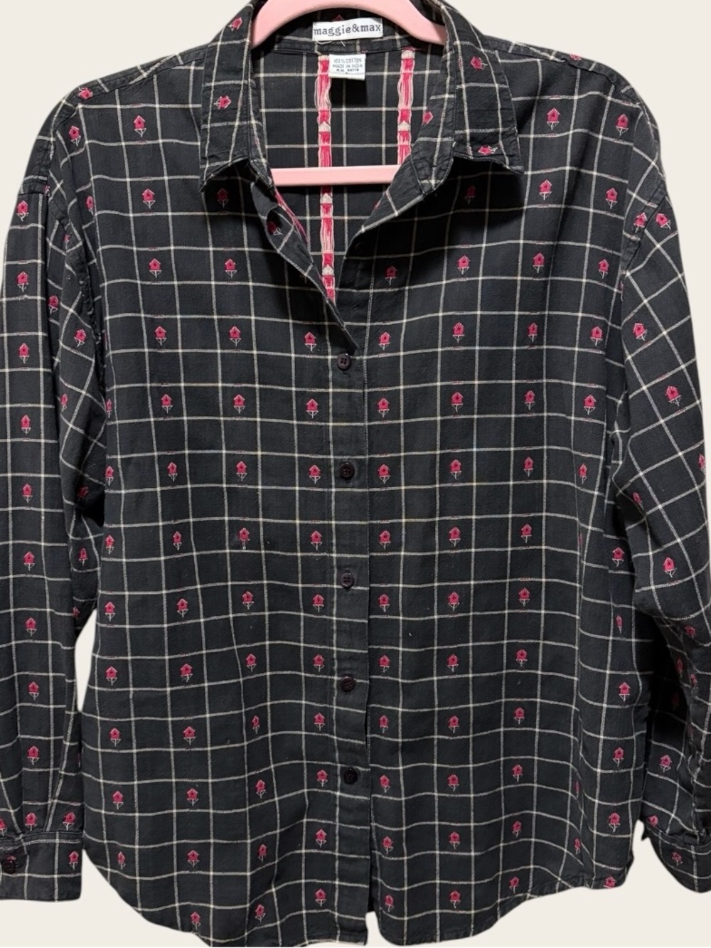 VINTAGE Maggie & Max Birdhouse Shirt Plaid Embroidered Cotton Cottagecore